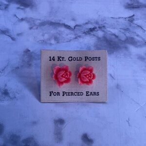 Vintage Pink Rose Earrings with Gold Posts